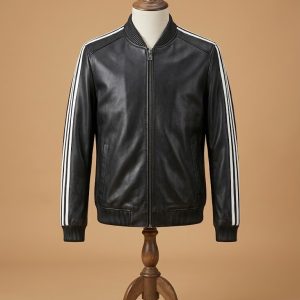Men's Bomber Real Sheepskin White Strips SlimFit Cafe Racer Black Leather Jacket