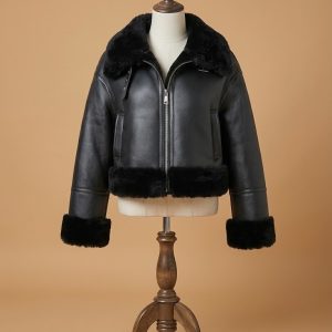 Women B3 Bomber Flight Winter Pilot Real Sheepskin Shearling Black Leather Jacket