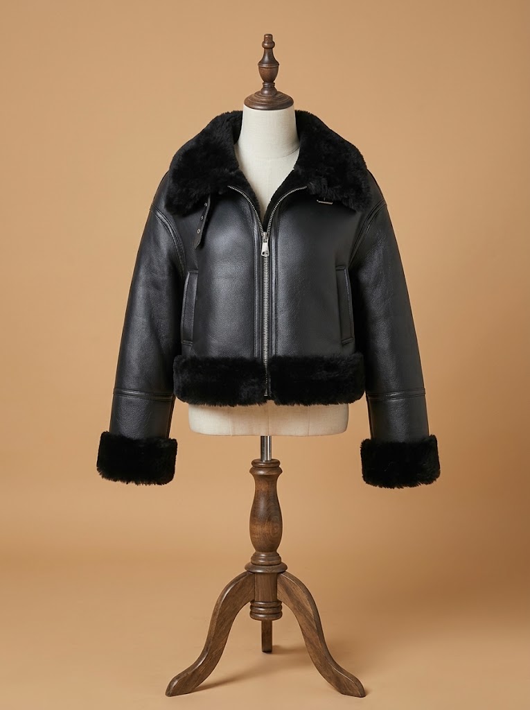 Women's B3 Bomber Pilot Real Sheepskin Shearling Black Leather Jacket