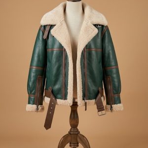 Women's B6 Bomber Aviator Real Fur Sheepskin Shearling Green Leather Jacket