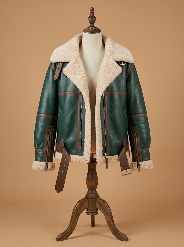 Women's B6 Bomber Aviator Real Fur Sheepskin Shearling Green Leather Jacket