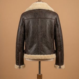 Women's B6 Bomber Aviator Real Fur Sheepskin Shearling Dark Brown Leather Jacket back