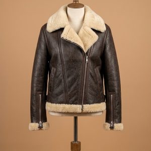 Women's B6 Bomber Aviator Real Fur Sheepskin Shearling Dark Brown Leather Jacket