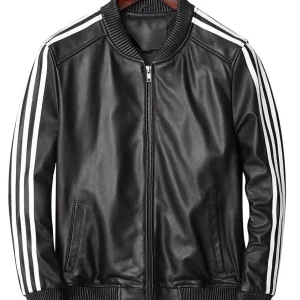 Mens Bomber Real Sheepskin White Strips SlimFit Cafe Racer Black Leather Jacket