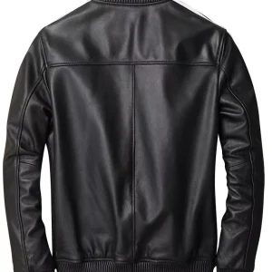 Mens Bomber Real Sheepskin White Strips SlimFit Cafe Racer Black Leather Jacket B