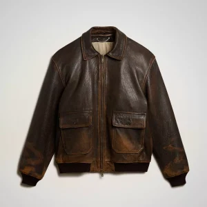 Mens Bomber A2 WWII Pilot Real Sheepskin SlimFit Vintage Distressed Brown Leather Jacket