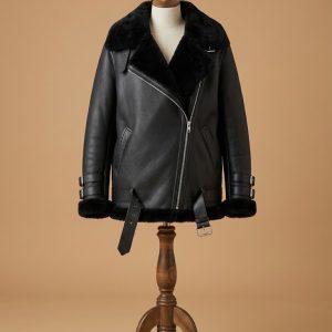 Ana De Armas Oversized Real Sheepskin Shearling Biker Black Leather Jacket