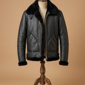 Men B3 RAF Aviator Real Shearling Black Sheepskin Leather Flight Bomber Jacket Coat