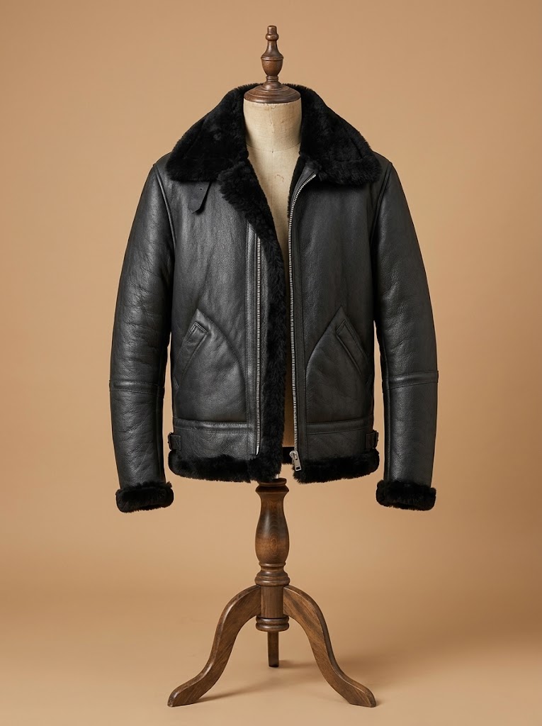 Men's B3 RAF Aviator Real Shearling Black Sheepskin Leather Bomber Jacket Coat