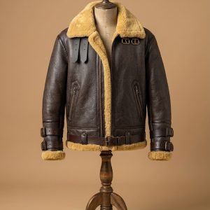 Men B6 RAF Aviator Real Shearling Brown Sheepskin Leather Flight Bomber Double Collar Jacket