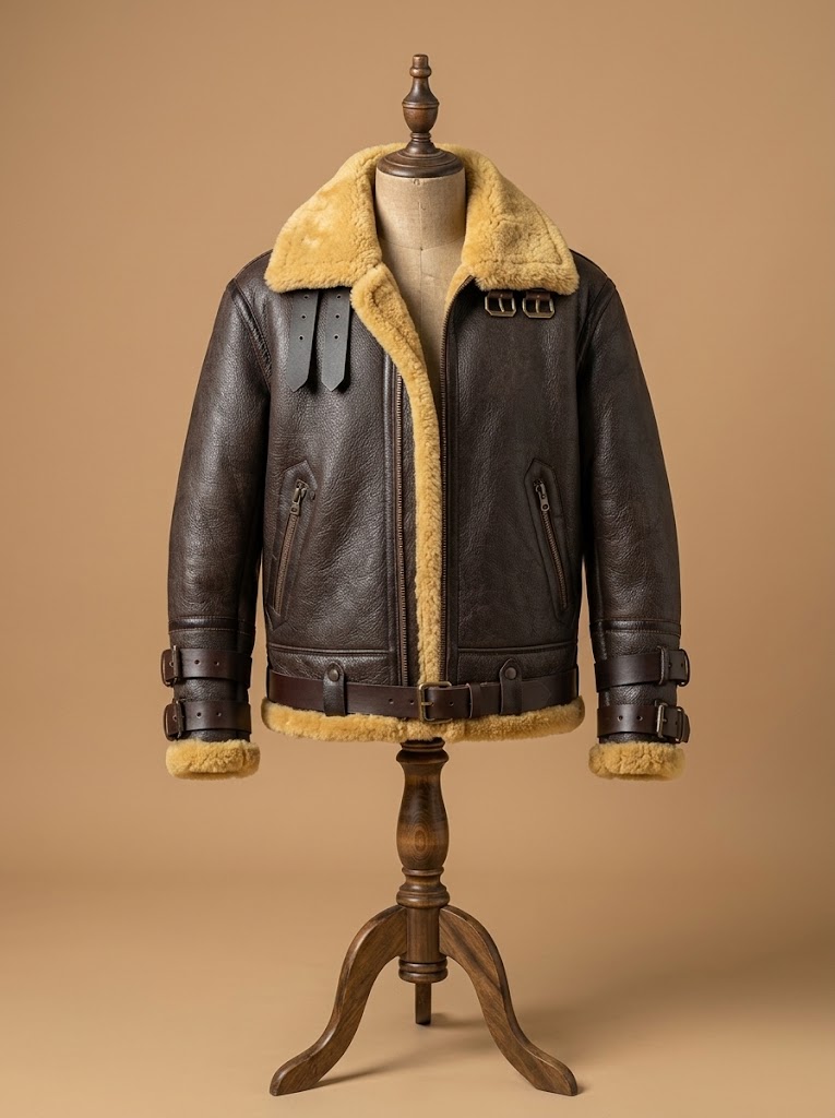 Men's B6 RAF Aviator Real Shearling Brown Sheepskin Leather Bomber Double Collar Jacket