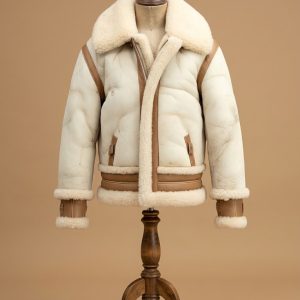 Men B6 RAF Aviator Real Shearling Off White Waxed Sheepskin Leather Flight Bomber Jacket