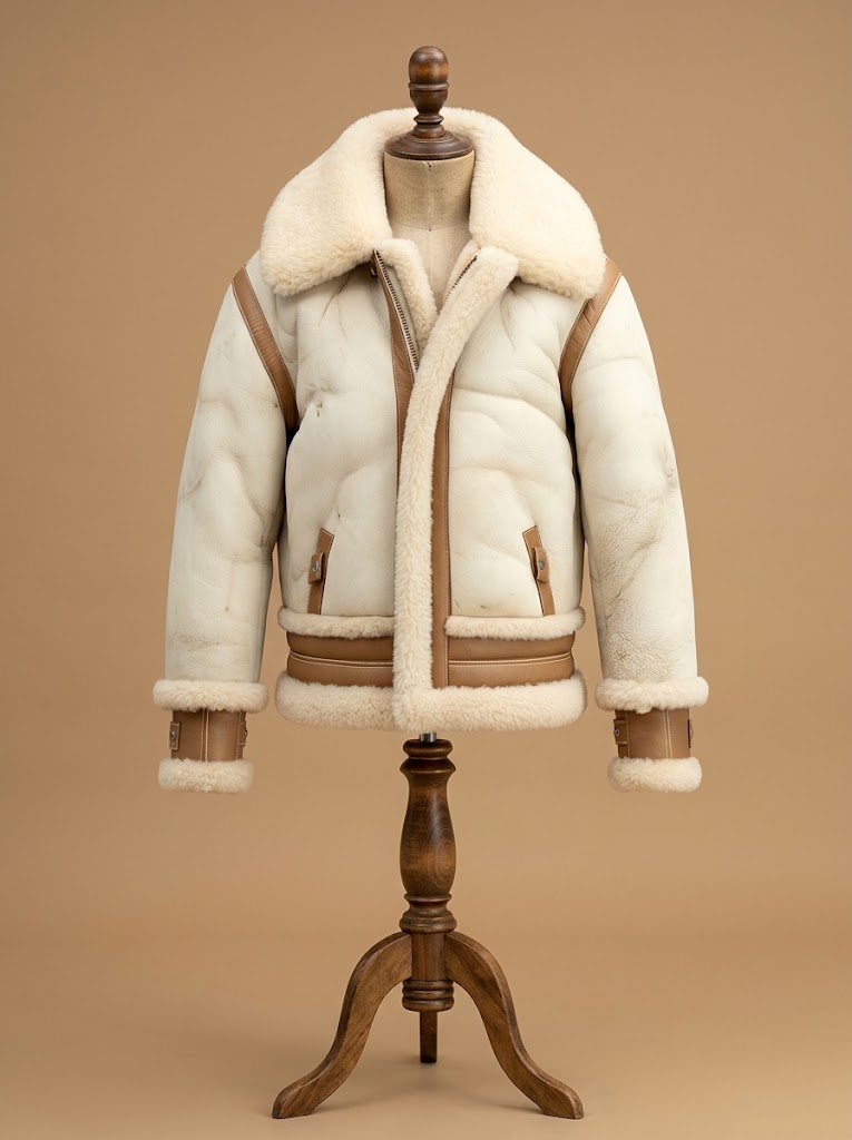 Men's B6 RAF Aviator Real Shearling Off White Waxed Sheepskin Leather Bomber Jacket