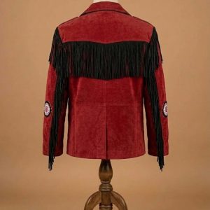Men's Cowboy Jacket Western Fringed Red Suede Leather Coat view 2