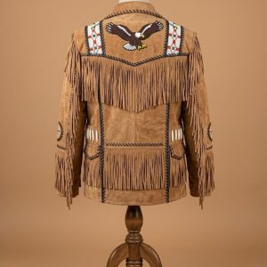 Men's Cowboy Jacket Western Fringed Beaded Brown Suede Leather Coat view 2