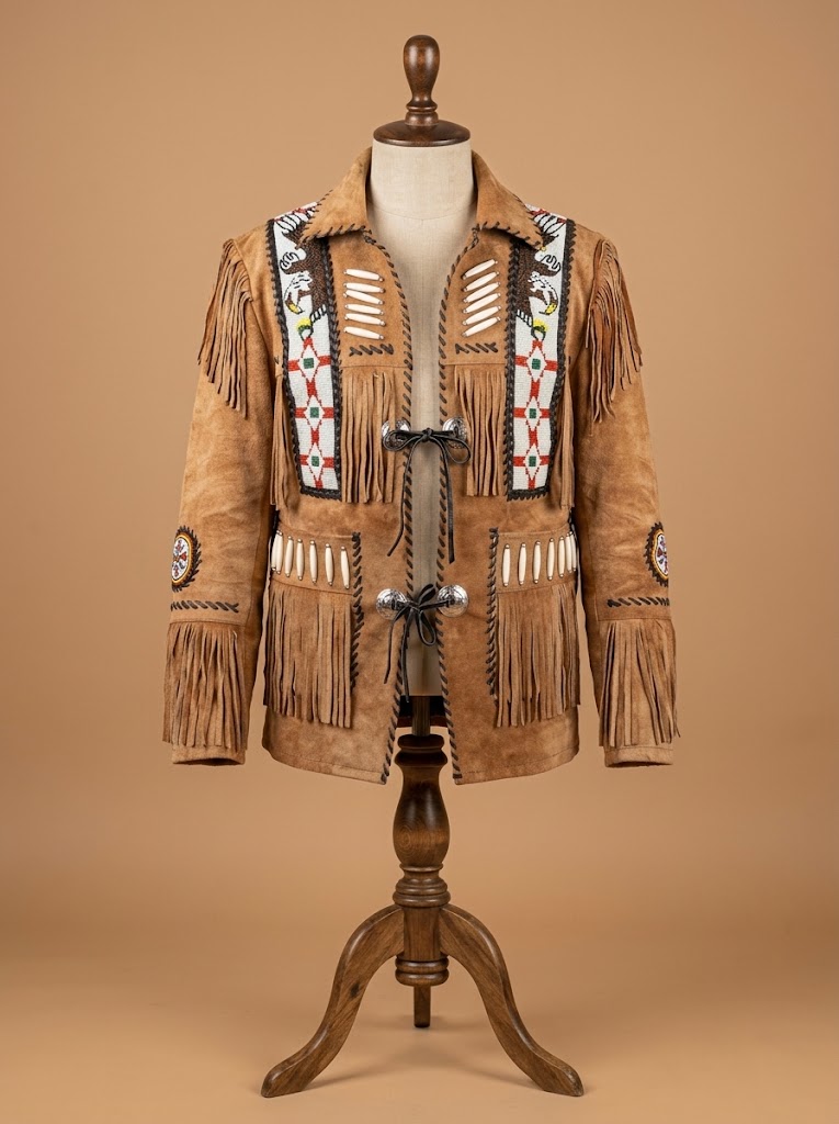 Men's Cowboy Jacket Western Fringed Beaded Brown Suede Leather Coat