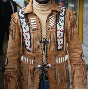Men's Cowboy Jacket Western Style Fringed Beaded Brown Suede Leather Coat