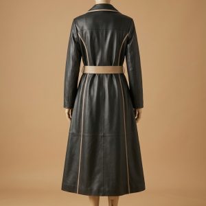 Italian Overcoat Real Leather Trench Sashes Belt Wax Black Long Coat back
