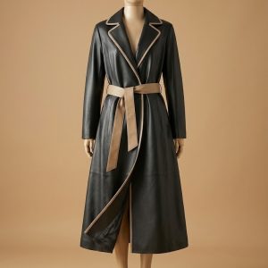 Italian Overcoat Real Leather Trench Sashes Belt Wax Black Long Coat