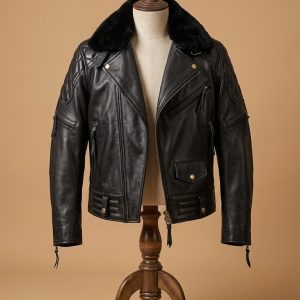 Mens Biker Cafe Racer Brando Quilted Motorcycle Fur Collar Black Leather Jacket