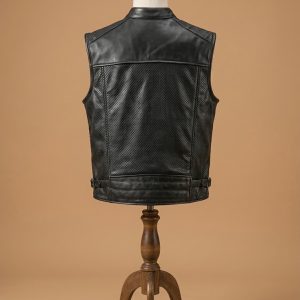 Men's Biker Cafe Racer Slim Fit Motorcycle Vintage Black Leather Perforated Vest view 2
