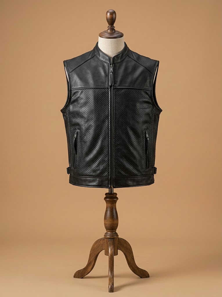 Men's Biker Cafe Racer Slim Fit Motorcycle Vintage Black Leather Perforated Vest
