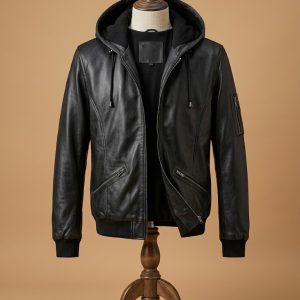 Men's Biker Genuine Leather Hooded Jacket Café Racer Casual