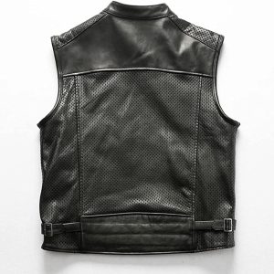 Mens Biker Cafe Racer Slim Fit Motorcycle Vintage Black Leather Perforated Vest 1