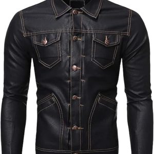 Men Vintage Cafe Racer Slimfit Motorcycle Retro Levis Shirt Black Leather Jacket