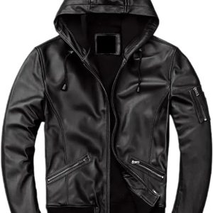 Mens Biker Genuine Leather Hooded Leather Jacket Café Racer Casual Mens Jacket
