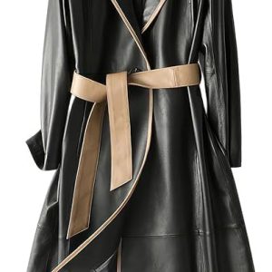 Italian style overcoat Real leather trench sashes Belt Wax Black Long Leather Coat