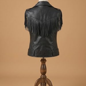 Women's Biker Cafe Racer Slim Fit Fringes Brando Motorcycles Black Leather Vest view 2