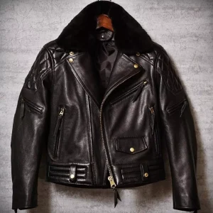 Mens Biker Cafe Racer Brando Quilted Motorcycle Fur Collar Black Leather Jacket