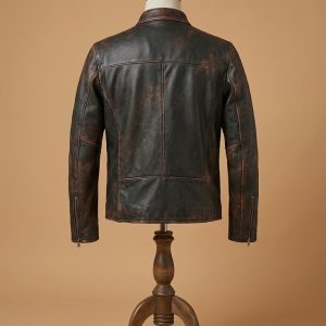 Men's Biker Cafe Racer Motorcycle Vintage Distressed Black Leather Jacket view 2
