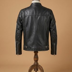 Men's Biker Cafe Racer Quilted Motorcycle White Strips Black Leather Jacket view 2