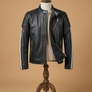 Men's Biker Cafe Racer Quilted Motorcycle White Strips Black Leather Jacket