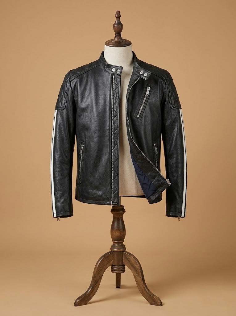 Men's Biker Cafe Racer Quilted Motorcycle White Strips Black Leather Jacket