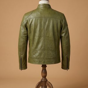 Men's Motorcycle Real Leather Biker Vintage Slim Fit Cafe Racer Olive Green Jacket view 2