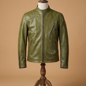 Men's Motorcycle Real Leather Biker Vintage Slim Fit Cafe Racer Olive Green Jacket