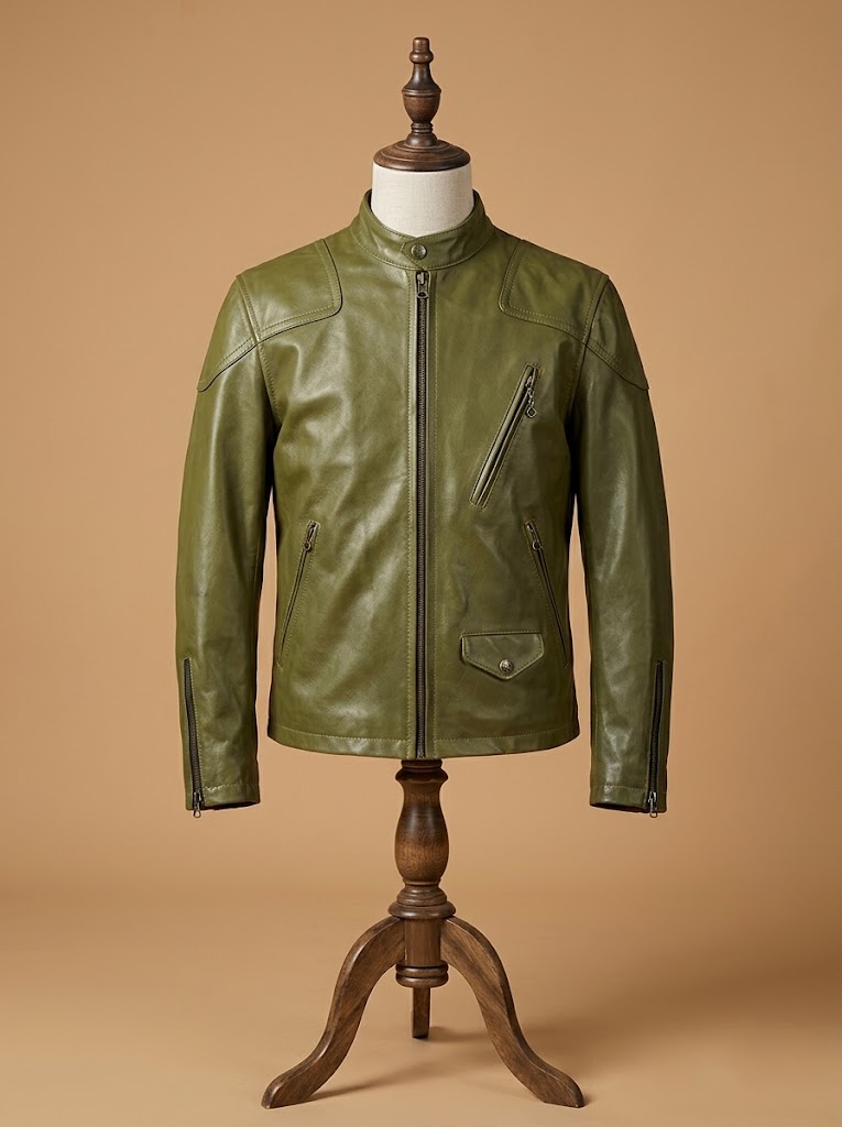 Men's Motorcycle Real Leather Biker Vintage Slim Fit Cafe Racer Olive Green Jacket