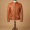 Men's Motorcycle Real Leather Biker Vintage Slim Fit Cafe Racer Tan Jacket