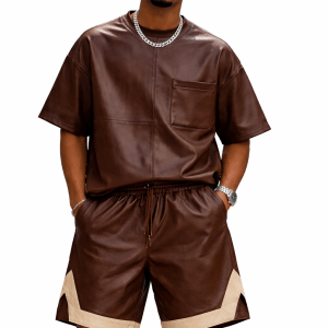 Men's Brown Real Leather T-Shirt and Shorts Set, 2 Piece Casual Streetwear Outfit