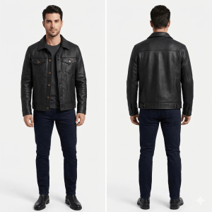 Premium Men's Genuine Pebbled Black Leather Trucker Jacket