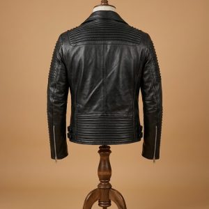 Men's Biker Cafe Racer Brando Slim Fit Motorcycle Black Leather Jacket view 2