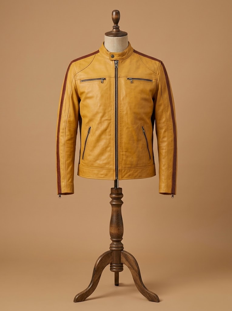Men's Biker Vintage Cafe Racer Slim Fit Real Caramel Leather Jacket