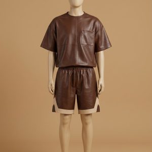 Men's Brown Real Leather T-Shirt and Shorts Set, 2 Piece Casual Streetwear Outfit