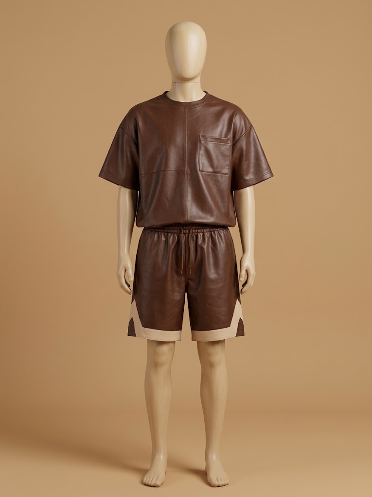 Men's Brown Real Leather T-Shirt and Shorts Set, 2 Piece Streetwear Outfit