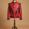 Men’s Real Leather Red Thriller-Style Jacket with Black V-Panels – Cosplay & Costume Jacket