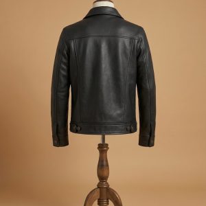 Premium Men's Genuine Pebbled Black Leather Trucker Jacket view 2