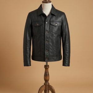 Premium Men's Genuine Pebbled Black Leather Trucker Jacket